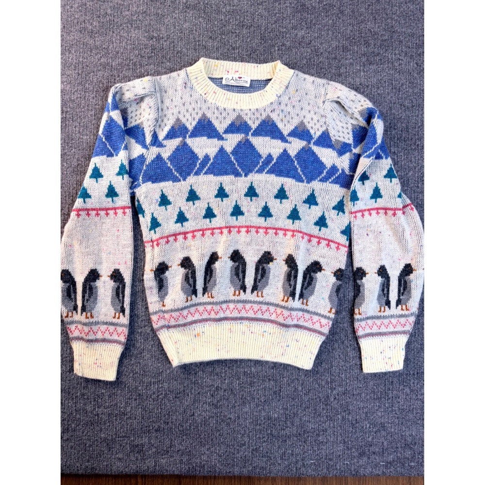 Vintage Alberoy Penguin Fair Isle Sweater Womens Cream Confetti Knit Pullover M